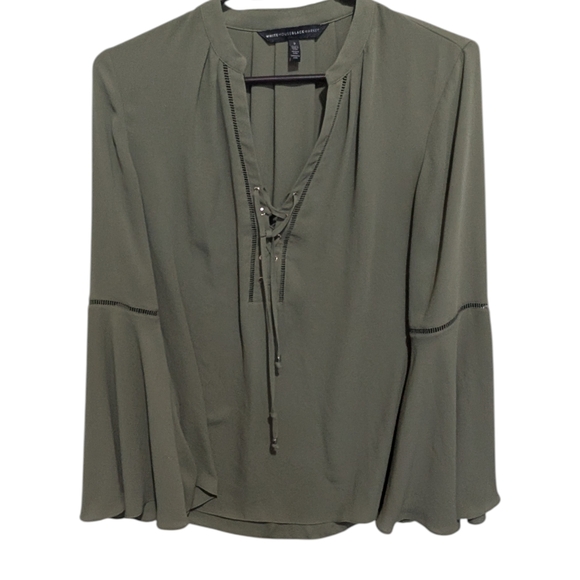 White House Black Market Tops - White House Black Market Olive Green Lace-Up Henley Blouse Size 2 Flowy Long Sle